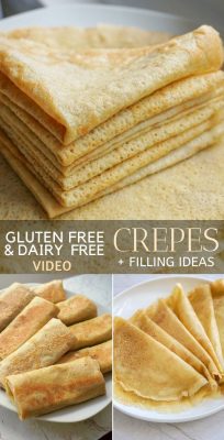 Gluten Free Crepes Recipe (Dairy Free) + Sweet Or Savory Filling Ideas. These easy gluten free crepes are made in a blender and can be served sweet or savory. Plus a video will show you exactly how to make these gluten free crepes. #glutenfreecrepes