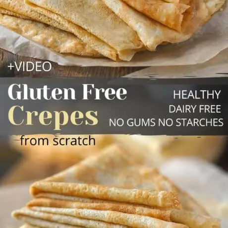 Gluten free dairy free crepes that can be served with sweet and savory fillings. The crepes are made with healthy gluten free flours, dairy free milk and eggs – easily mixed in a blender. As a result you get paper thin crepes, flexible without using gums or tapioca starch in the flour mix. These dairy and gluten free crepes are great as a healthy dessert, breakfast, brunch or even dinner. #glutenfreecrepes #dairyfreecrepes #glutenfreedairyfree #crepes #healthycrepes #glutenfreedairyfreebreakfast