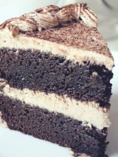 Healthy Gluten Free, Dairy Free Mocha Cake Recipe – a chocolate and coffee flavored cake, with a creamy dairy free mocha frosting, perfect for a birthday dessert.