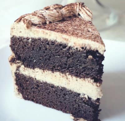 Healthy Gluten Free, Dairy Free Mocha Cake Recipe – a chocolate and coffee flavored cake, with a creamy dairy free mocha frosting, perfect for a birthday dessert.