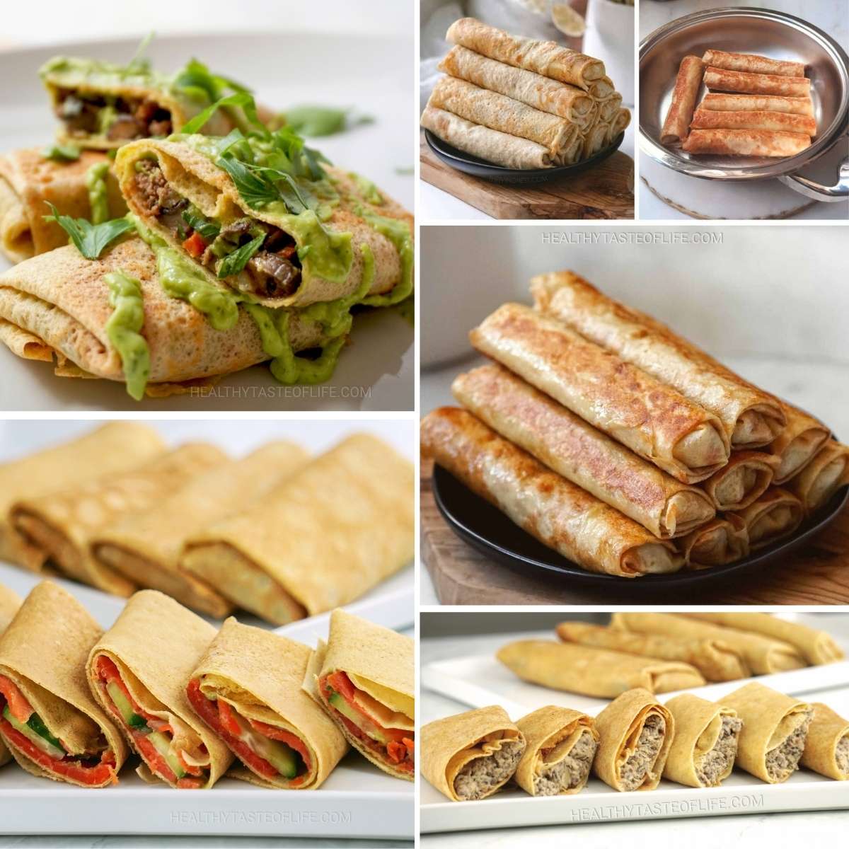 Savory gluten free dairy free crepes filled with ground beef and mushrooms + with avocado sauce, chicken and mushroom paste, salmon and cucumber
