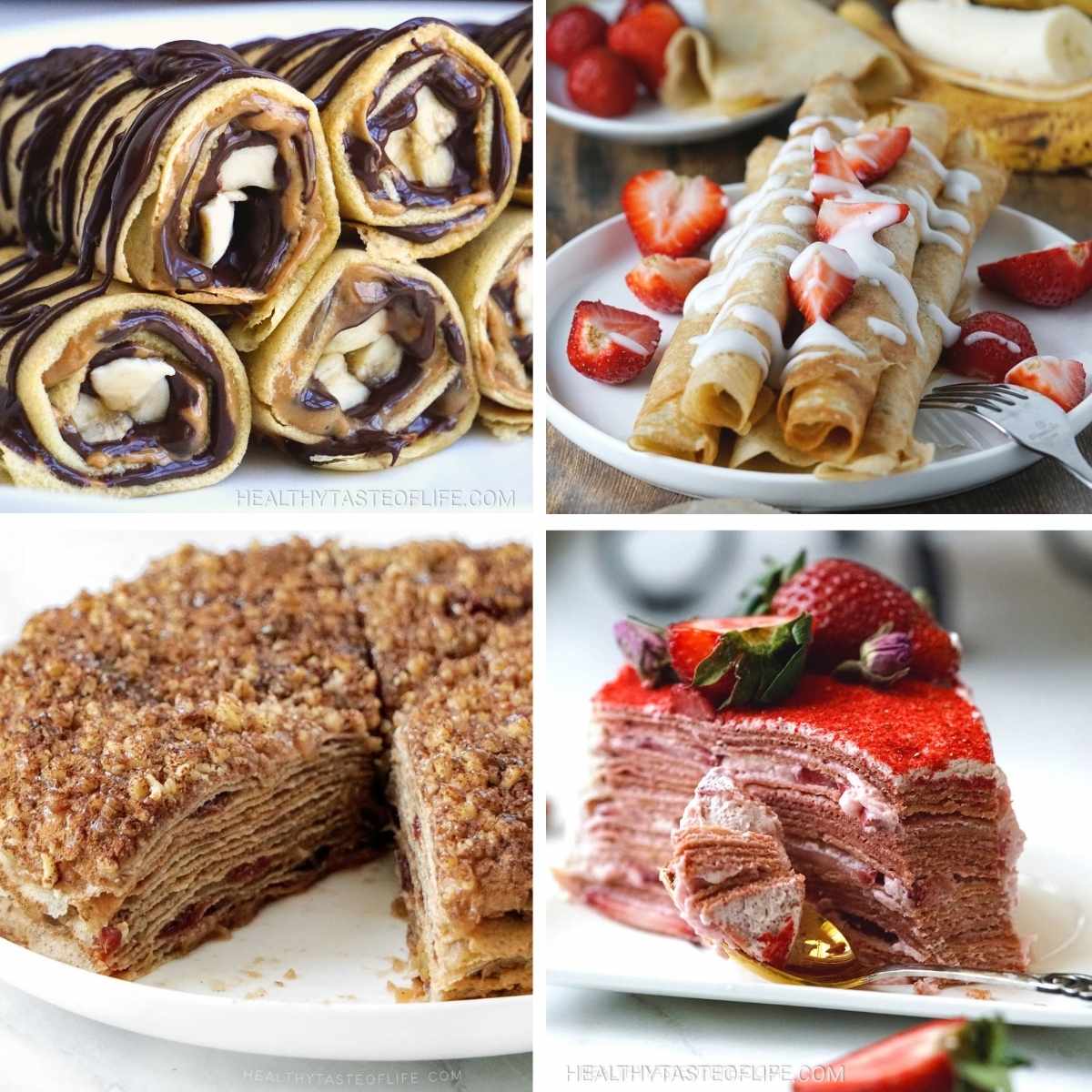 Ways to serve sweet dairy free crepes: banana, almond butter, chocolate, yogurt and berries, apple filling and strawberry cream layers in a cake