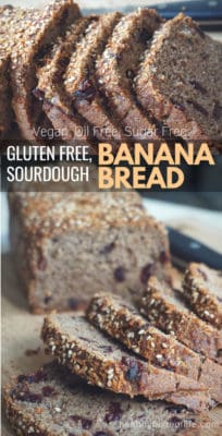 Vegan Gluten Free Banana Bread made with healthy clean ingredients (no eggs, no dairy). This sourdough banana bread recipe is also sugar free, oil free and nut free. Super moist, fluffy and it keeps its shape when slicing, perfect for a vegan gluten free breakfast.