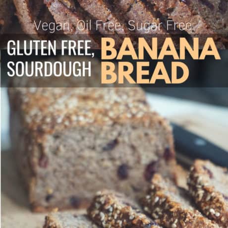 Vegan Gluten Free Banana Bread made with healthy clean ingredients (no eggs, no dairy). This sourdough banana bread recipe is also sugar free, oil free and nut free. Super moist, fluffy and it keeps its shape when slicing, perfect for a vegan gluten free breakfast.