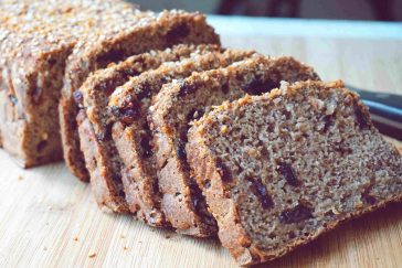 Vegan Gluten Free Banana Bread made with healthy clean ingredients (no eggs, no dairy). This sourdough banana bread recipe is also sugar free, oil free and nut free. Super moist, fluffy and it keeps its shape when slicing, perfect for a vegan gluten free breakfast.