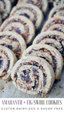 These amaranth fig swirl (pinwheel) cookies are gluten free, dairy free and eggless. This simple tasty vegan recipe is made with a blend of gluten free flours and an easy homemade raw fig jam, no refined sugar added. How to video included. Great as a snack, dessert or a gift during holidays.