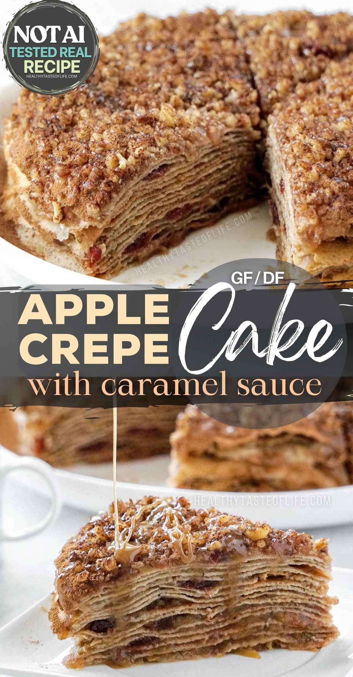 Save this apple crepe cake with caramel sauce for apple season! Thin gluten free crepes are layered with a soft cinnamon apple filling, raisins and cranberries, then topped with walnuts and homemade dairy free caramel. This beautiful caramel apple crepe cake is gluten free, dairy free and made without an oven, perfect for fall gatherings, Thanksgiving, Christmas or a make-ahead holiday dessert.