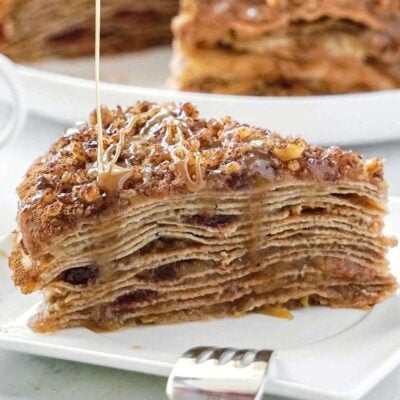 Caramel apple crepe cake with walnuts, cinnamon gluten free dairy free
