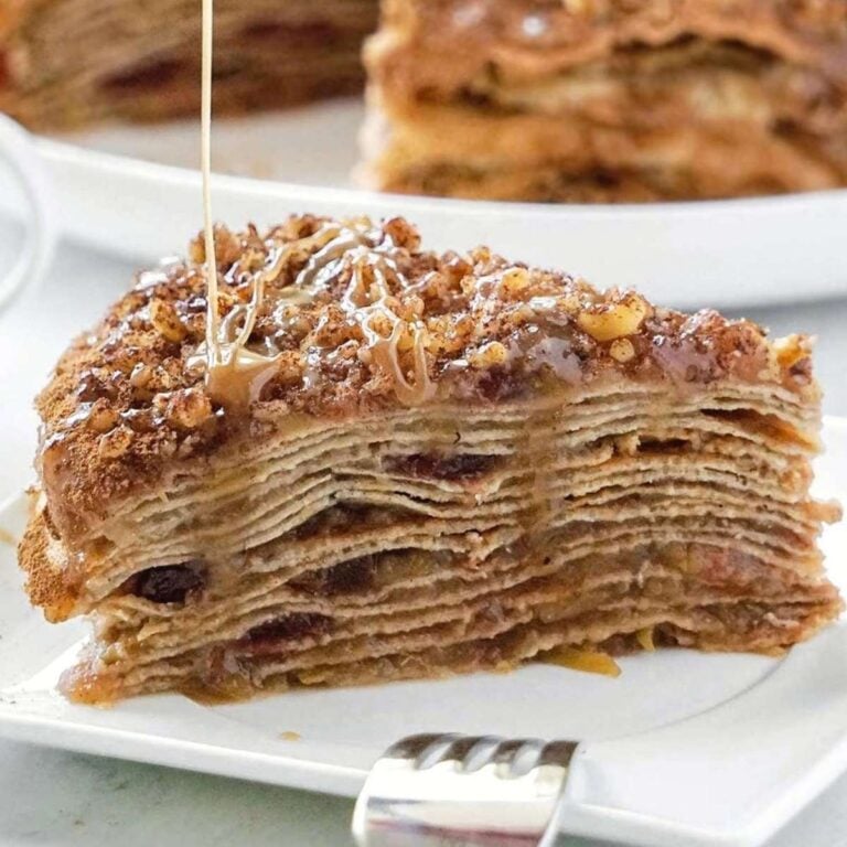 Caramel apple crepe cake with walnuts, cinnamon gluten free dairy free