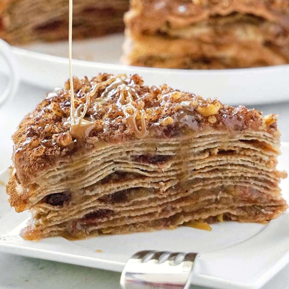 Caramel apple crepe cake with walnuts, cinnamon gluten free dairy free