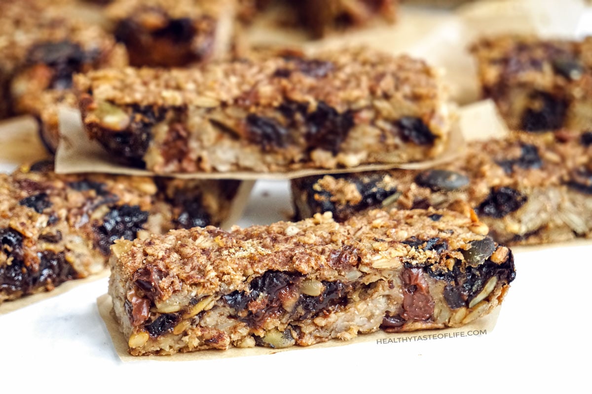 Close up image of Healthy oatmeal bars gluten free refined sugar free vegan recipe - showing the texture inside.