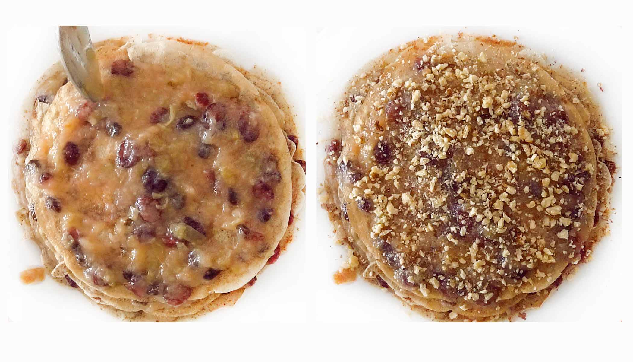 Layering gluten free crepes with apple filling cinnamon, raisins and cranberry and finishing with for the the apple crepe cake