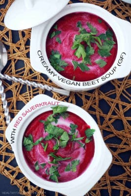 This delicious creamy beet soup recipe is a simple vegan version of traditional borscht made creamy in a blender. A healthy, gluten free soup with sweet-and-sour hues made with beets and red sauerkraut that make the flavor "pop”, perfect for cold weather!