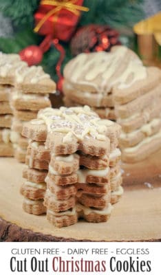 Gluten Free, Dairy free, Egg Free Cut Out Christmas Cookies + Recipe Video. Easy to make and decorate at home, perfect for kids and vegan eaters. Great as Christmas dessert and gifts during holidays