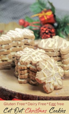 Gluten Free, Dairy free, Egg Free Cut Out Christmas Cookies + Recipe Video. Easy to make and decorate at home, perfect for kids and vegan eaters. Great as Christmas dessert and gifts during holidays and beyond