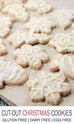 Gluten Free, Dairy free, Egg Free Cut Out Christmas Cookies + Recipe Video. Easy to make and decorate at home, perfect for kids and vegan eaters. Great as Christmas dessert and gifts