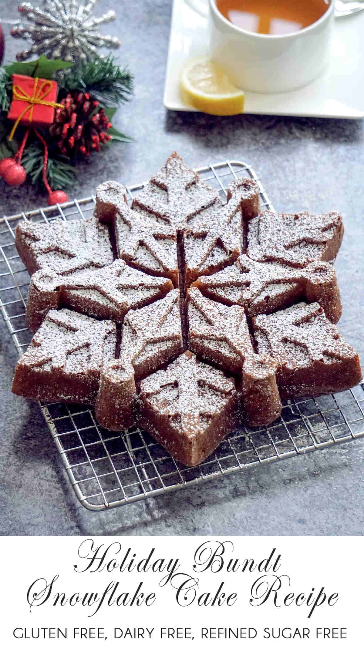 Snowflake cake pan recipe (gluten free dairy free). Celebrate the holiday season with this easy simple snowflake cake pan recipe! A healthy holiday dessert made in a snowflake shaped bundt pan / mold with a mix of gluten free, dairy free clean ingredients. This simple snowflake cake is soft, moist and full of apple and cinnamon flavor – perfect if you want a simple Christmas treat.