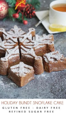 Gluten free, dairy free snowflake bundt cake recipe. This is an easy, simple and healthy holiday dessert made in a snowflake shaped bundt pan with a mix of gluten free, dairy free clean ingredients. This holiday bundt cake is soft, moist and full of apple and cinnamon flavor – perfect if you want a simple Christmas treat.