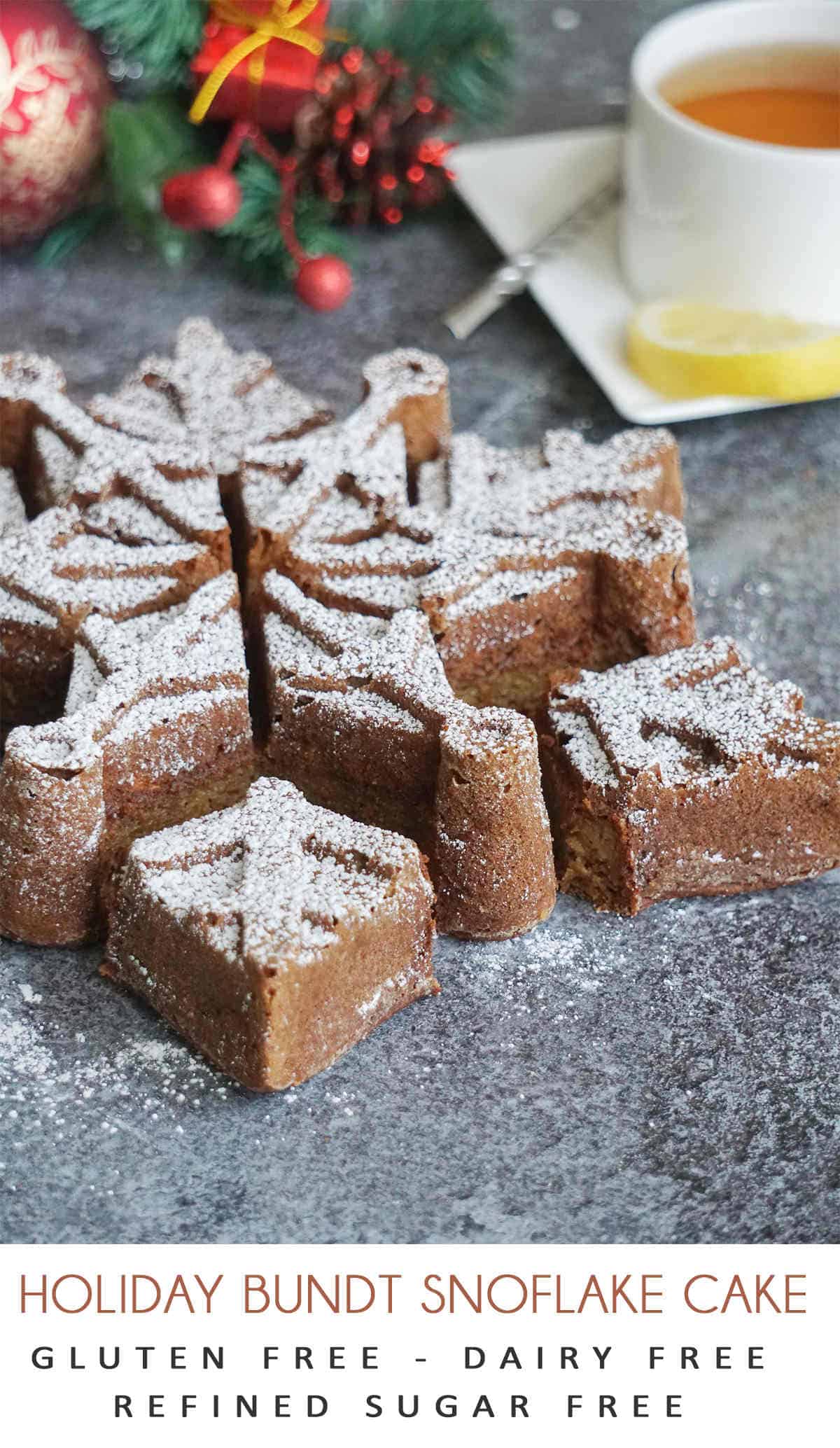 Gluten free Christmas bundt cake recipe (Dairy Free). An easy simple gluten free Christmas bundt cake made in a snowflake shaped bundt pan with healthy gluten free, dairy free ingredients. This Gluten Free Christmas bundt cake is soft, moist and full of of apple and cinnamon flavor – a perfect holiday dessert, the kids will love it!
