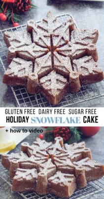 Christmas Snowflake bundt cake recipe (gluten free, dairy free). This is an easy simple Christmas cake made in a snowflake shaped bundt pan with healthy gluten free, dairy free ingredients. This Christmas bundt cake is soft, moist and full of flavor – perfect if you want a simple gluten free Christmas cake.