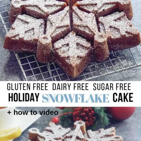 Christmas Snowflake bundt cake recipe (gluten free, dairy free). This is an easy simple Christmas cake made in a snowflake shaped bundt pan with healthy gluten free, dairy free ingredients. This Christmas bundt cake is soft, moist and full of flavor – perfect if you want a simple gluten free Christmas cake.