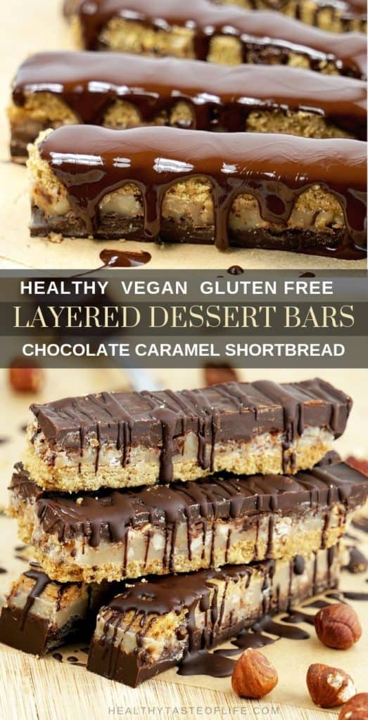 Healthy Gluten Free Vegan Caramel Slice (DIY Twix Bars or Millionaire’s Bars) made with delicious vegan caramel, shortbread crust, dairy free chocolate crunchy hazelnuts. These vegan caramel slice are the perfect gluten free layered dessert bars to take on the go when you crave something sweet. Caramel shortcake, caramel squares, caramel slice, millionaire's shortbread, millionaire's slice.