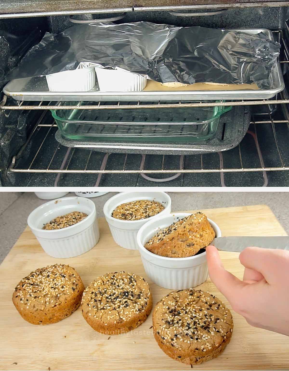 Baking the gluten freee sourdough buns with a pan of water in the oven; cover with foil remove from baking cups