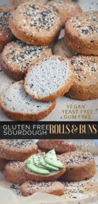 Learn how to make gluten free sourdough bread rolls and buns that are completely dairy free, egg free, yeast free, xanthan gum free, vegan, soy and nut free. With a crusty exterior and soft interior, these simple no-knead vegan gluten free sourdough buns can be enjoyed by everyone with food allergies.