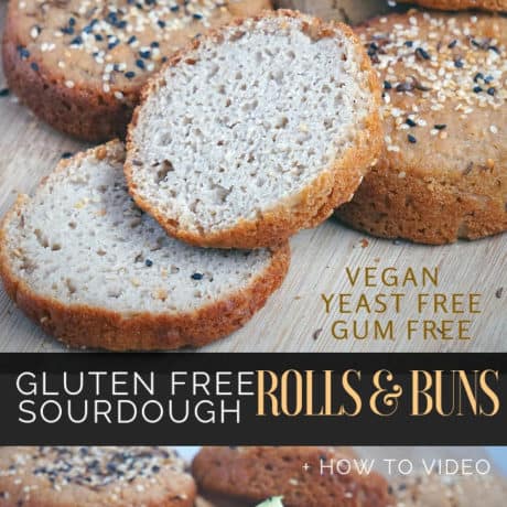 Learn how to make gluten free sourdough bread rolls and buns that are completely dairy free, egg free, yeast free, xanthan gum free, vegan, soy and nut free. With a crusty exterior and soft interior, these simple no-knead vegan gluten free sourdough buns can be enjoyed by everyone with food allergies.