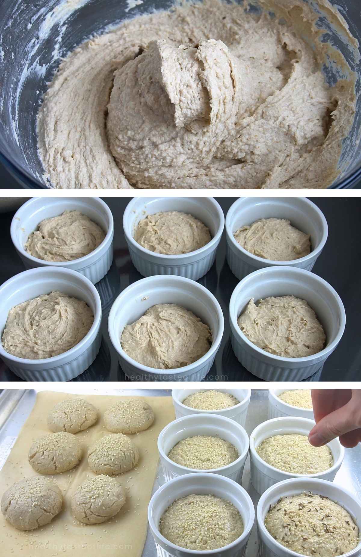 Image collage showing the gluten-free sourdough buns 
dough consistency, before proofing in ramekins and after proofing double in size