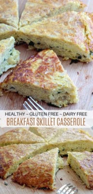 Simple oven baked skillet casserole perfect as a make ahead or on the go gluten and dairy free savory breakfast. It’s packed with veggies, it’s meatless, freezer friendly and perfect for busy mornings when you need to feed a crowd. All ingredients are suitable for your whole 30 and clean eating diet.
