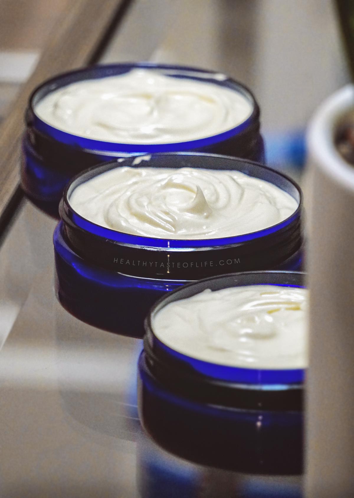 Finished cream spread in jars - Homemade face moisturizer for sensitive skin with rich buttery texture