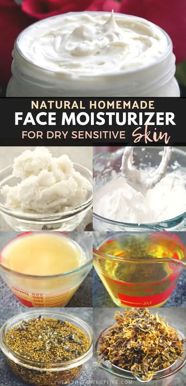 DIY Natural Homemade Face Moisturizer for Dry Sensitive Skin - it’s ultra hydrating, great for redness, eczema, rosacea and damaged skin during winter. This recipe will show you how to make a delicate homemade face moisturizer intended for dry sensitive skin that can be used daily (night and day) with all natural organic skin healing ingredients: mango butter, herb infused oil and a blend of essential oils. 