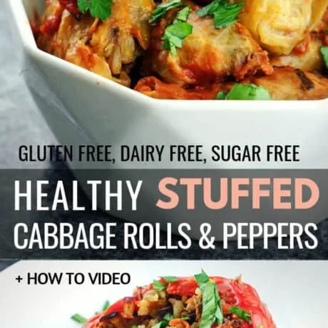 Healthy Stuffed Cabbage Rolls And Peppers Recipe - cabbage leaves and bell peppers stuffed with a mix of wild rice and basmati rice, grass fed ground beef, caramelized veggies, aromatic herbs, spices and baked in the oven until moist and tender. This comforting recipe makes a delicious gluten free, dairy free, sugar free, clean eating dinner or lunch for your entire family.