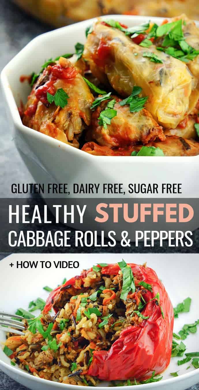 Healthy Stuffed Cabbage Rolls And Peppers Recipe - cabbage leaves and bell peppers stuffed with a mix of wild rice and basmati rice, grass fed ground beef, caramelized veggies, aromatic herbs, spices and baked in the oven until moist and tender. This comforting recipe makes a delicious gluten free, dairy free, sugar free, clean eating dinner or lunch for your entire family.
