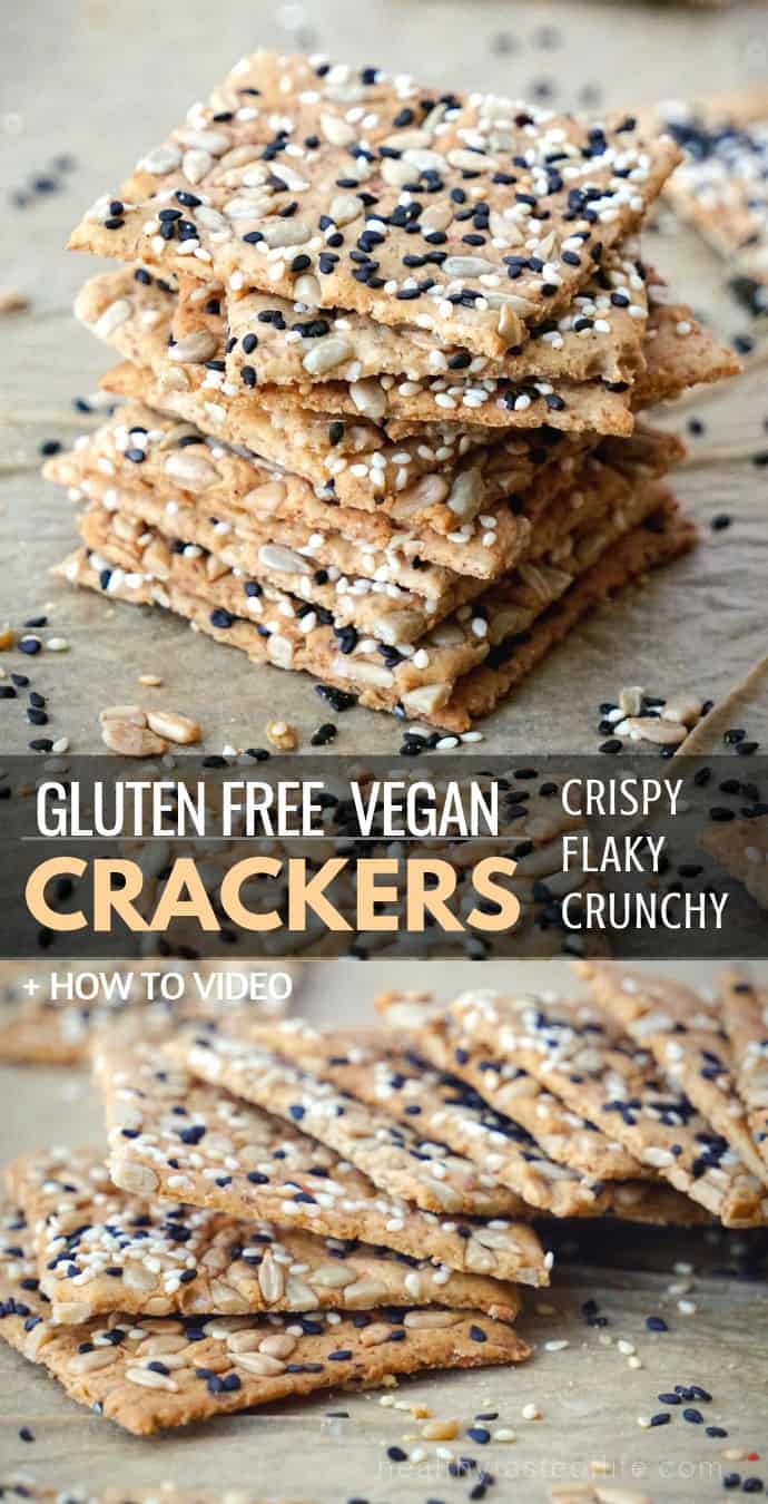 Looking for a healthy homemade gluten free crackers recipe? These are crispy, thin, flaky, vegan, gluten free crackers that are easy to make and ready in 30 minutes. A delicious homemade snack perfect for your entire family including kids!