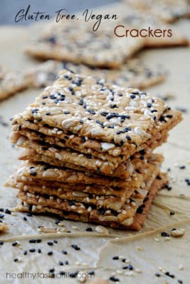 Healthy homemade gluten free crackers recipe made with a mix of gluten free flours and a variety of seeds. These are crispy, thin, flaky, vegan, gluten free crackers that are easy to make and ready in 30 minutes. A delicious homemade vegan snack perfect for your entire family including kids!