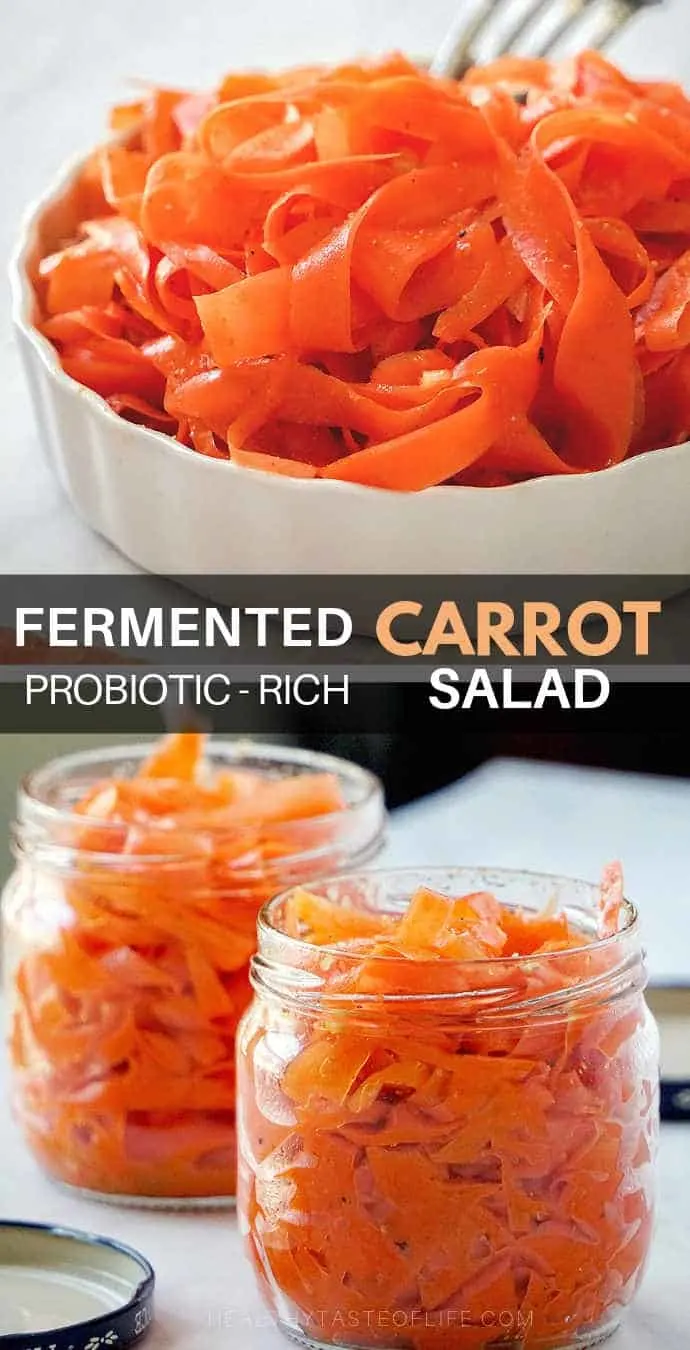 Lacto fermented shaved carrot salad recipe – the shaved carrots are seasoned with spices like garlic and coriander then fermented until it gets a tangy spicy taste. This fermented shaved carrots makes healthy probiotic-rich, tangy and fragrant carrot salad that can be served as a side dish, topping for tacos, burgers, and other favorite dishes. #fermentedcarrots #carrotsalad #shaved