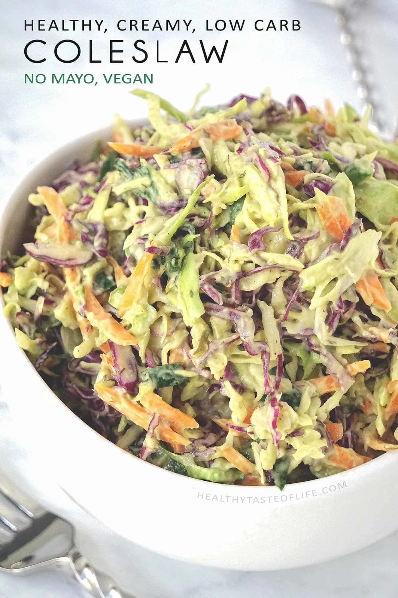 Healthy cabbage salad with creamy avocado dressing, no mayo, vegan whole30 friendly.