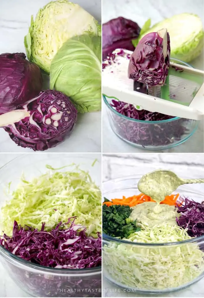 Process shots showing how to make healthy coleslaw with green and purple cabbage, carrots, greens and avocado dressing.
