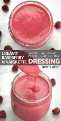 Creamy Raspberry Vinaigrette Salad Dressing Recipe - an easy and healthy way to enhance your boring salad with a homemade creamy vinaigrette salad dressing made with raspberries (choose between fresh, frozen or freeze dried raspberries) – clean eating real ingredients, easy, no sugar, vegan, whole30, low carb, gluten free and dairy free. Easy how-to make instructions in a video.