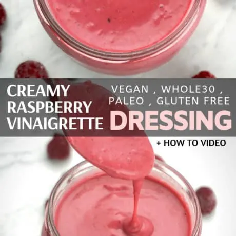 Creamy Raspberry Vinaigrette Salad Dressing Recipe - an easy and healthy way to enhance your boring salad with a homemade creamy vinaigrette salad dressing made with raspberries (choose between fresh, frozen or freeze dried raspberries) – clean eating real ingredients, easy, no sugar, vegan, whole30, low carb, gluten free and dairy free. Easy how-to make instructions in a video.