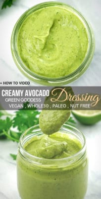 Creamy Avocado Salad Dressing (Green Goddess) - healthy creamy salad dressing which is dairy free, gluten free, vegan, low-carb-friendly and can be eaten regularly on a paleo, whole30 or clean eating diet. Learn to make this homemade creamy avocado salad dressing recipe with whole fresh ingredients, no mayo is needed! Easy how-to make instructions in a video.
