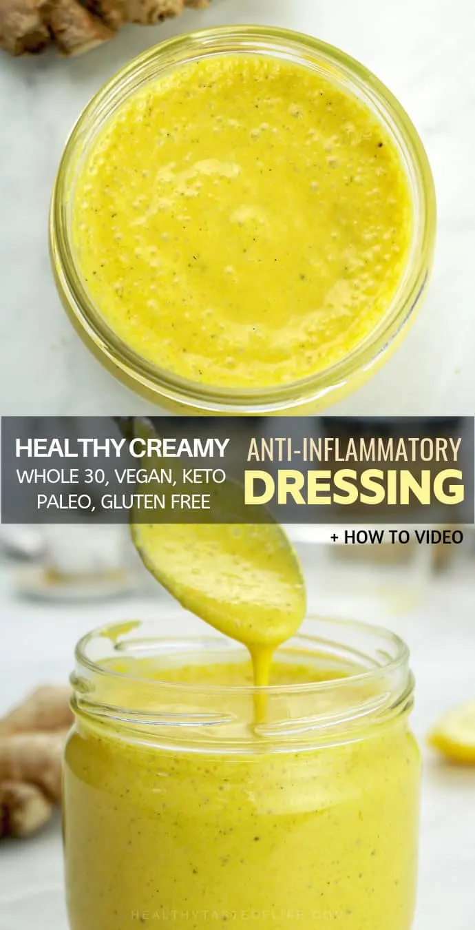 Healthy Creamy Anti-inflammatory Salad Dressing – dairy free, gluten free, vegan,  made with fresh lemon juice, ginger, honey, turmeric. 