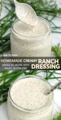 Homemade Creamy Ranch Salad Dressing – easy, dairy free, low carb, keto, clean eating, paleo and whole30 approved. A creamy ranch salad dressing that will brighten up your boring vegan meals. Rich and tangy made with real ingredients perfectly blended into a dairy free ranch dressing. No mayo here. Easy how-to make instructions in a video.