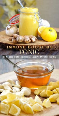 This garlic ginger lemon honey mixture is great natural homemade immune booster recipe – a remedy for those looking for a natural way to boost their immune system while sick during the cold and flu season. By combining garlic ginger lemon and honey you will get a powerful DIY immunity boosting recipe (or a natural antibiotic recipe) that will make your immune system stronger and capable to fight easily a viral, bacterial or yeast infection.