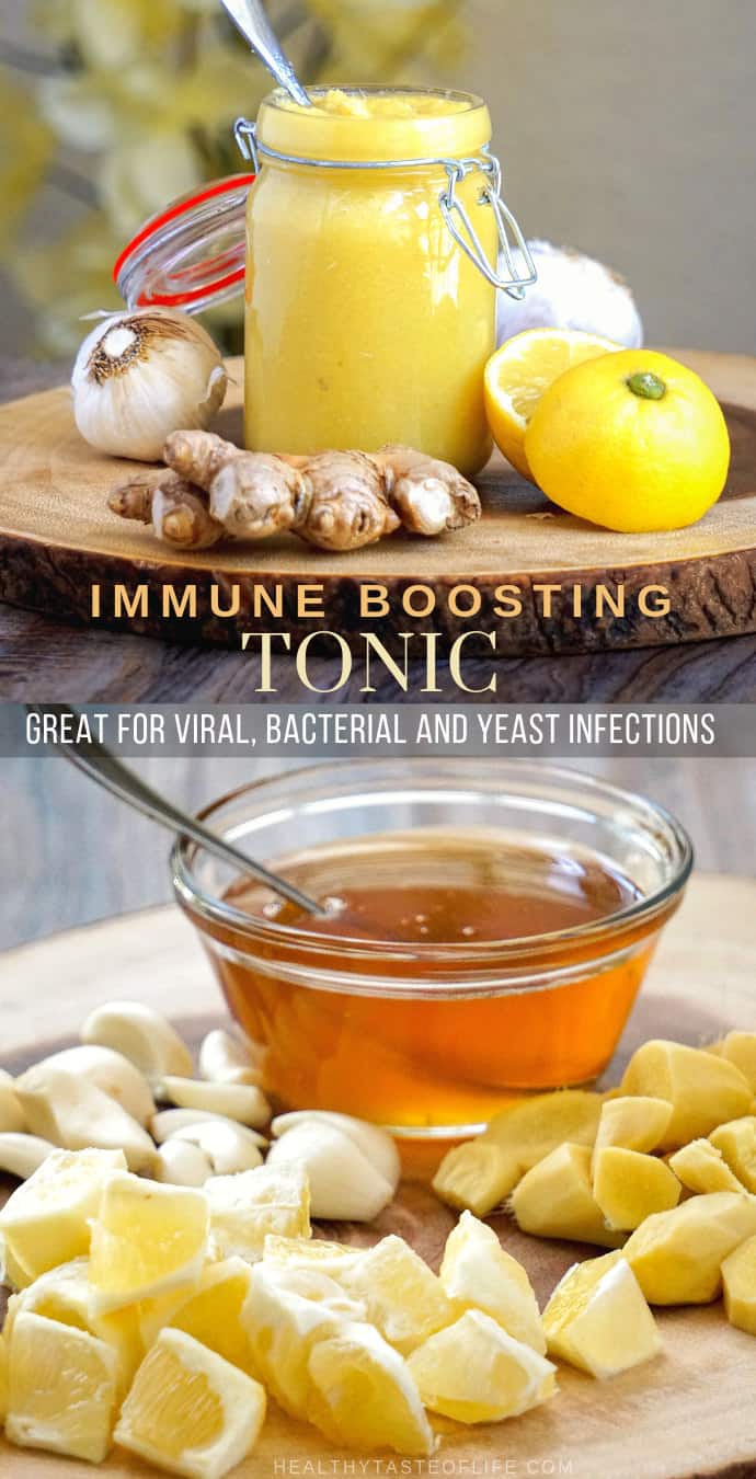 Natural Homemade Immunity boosting recipe with garlic lemon ginger and honey – a natural immune system booster remedy perfect for cold and flu  that's suitable for the entire family, including kids!