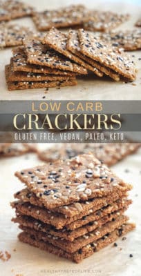 Crispy homemade low carb crackers recipe that's also dairy free, gluten free, grain free, nut free, paleo and vegan. Made with flax seeds, sunflower seeds, sesame seeds and a few other healthy ingredients. A low carb snack great for anyone who is following a dairy free keto diet.