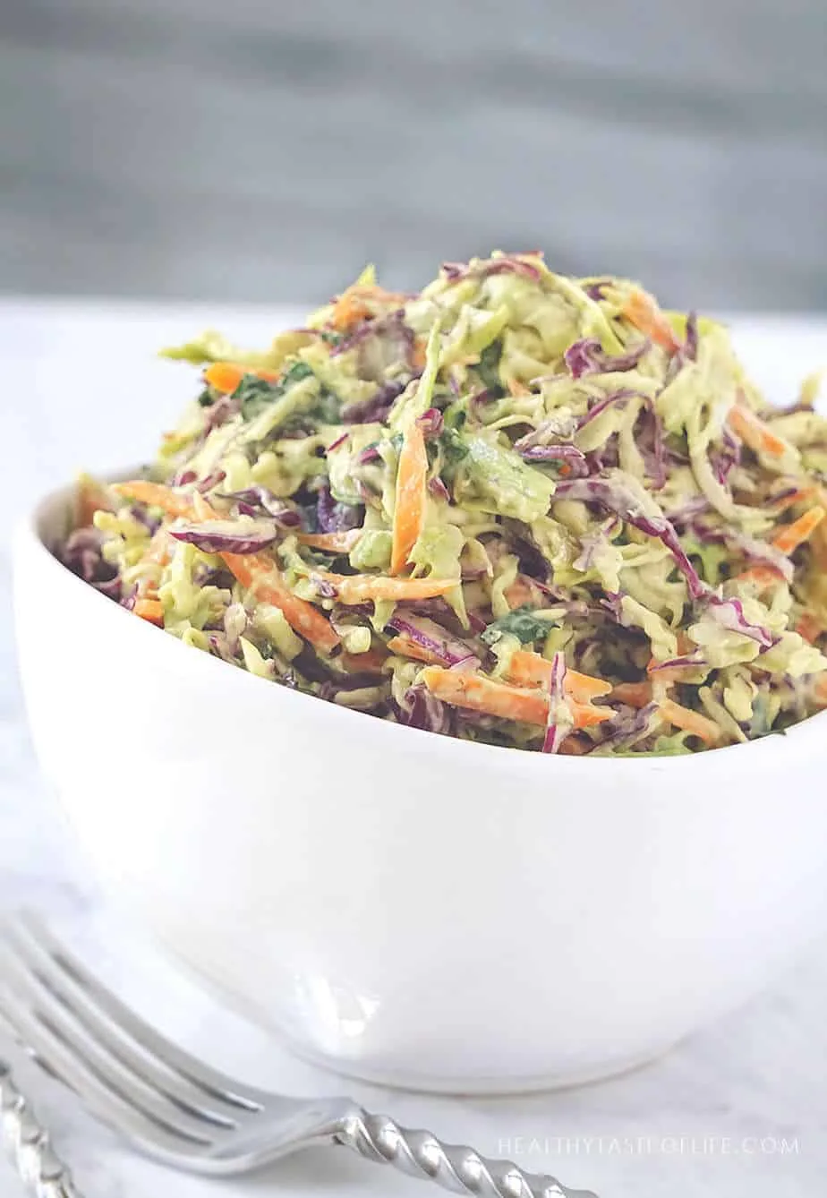 Close up shot of this healthy coleslaw in a bowl.