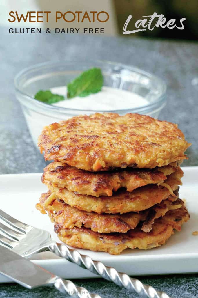 Healthy gluten free sweet potato latkes recipe – a great make ahead breakfast with a crunchy texture. If you like sweet potatoes you can easily incorporate them into a delicious gluten and dairy free breakfast that even kids will love! These healthy sweet potato latkes are also perfect when you follow a clean eating diet.